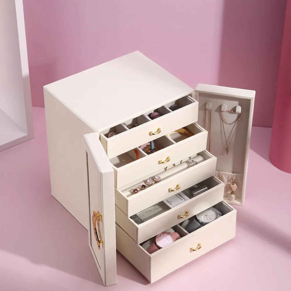 

Multi-Layers Jewelry Box Portable Large Capacity Storage Box PU Leather Cosmetics Container (White)