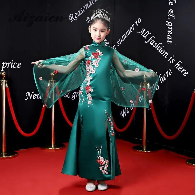 Cheongsam/зеленое вечернее платье русалки для девочек с шалью Qipao свадебное подиум