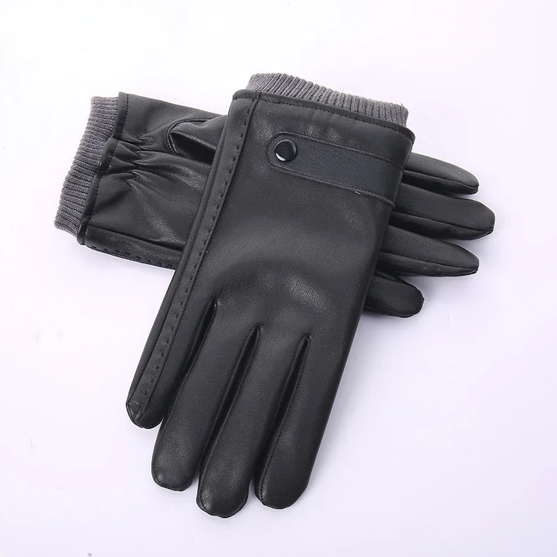 

PU gloves winter men's warm touch screen gloves outdoor driving windproof plus fluff thread mouth buckle non-slip gloves l8