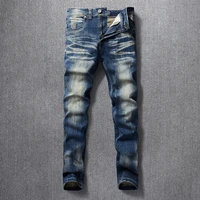 european vintage fashion men jeans high quality retro blue distressed wash elastic slim fit ripped jeans men casual denim pants