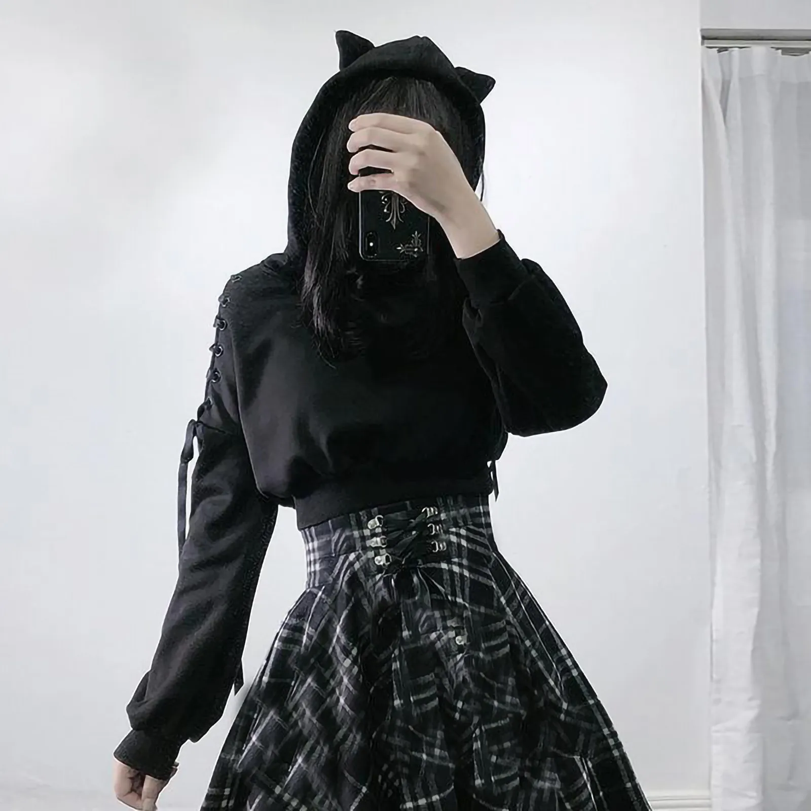 

Sweatshirt Women Punk Gothic Hoodie Autumn Winter Plus Velvet Hollow Out Lace Up Long Sleeve Cute Cat Ear Hoodies