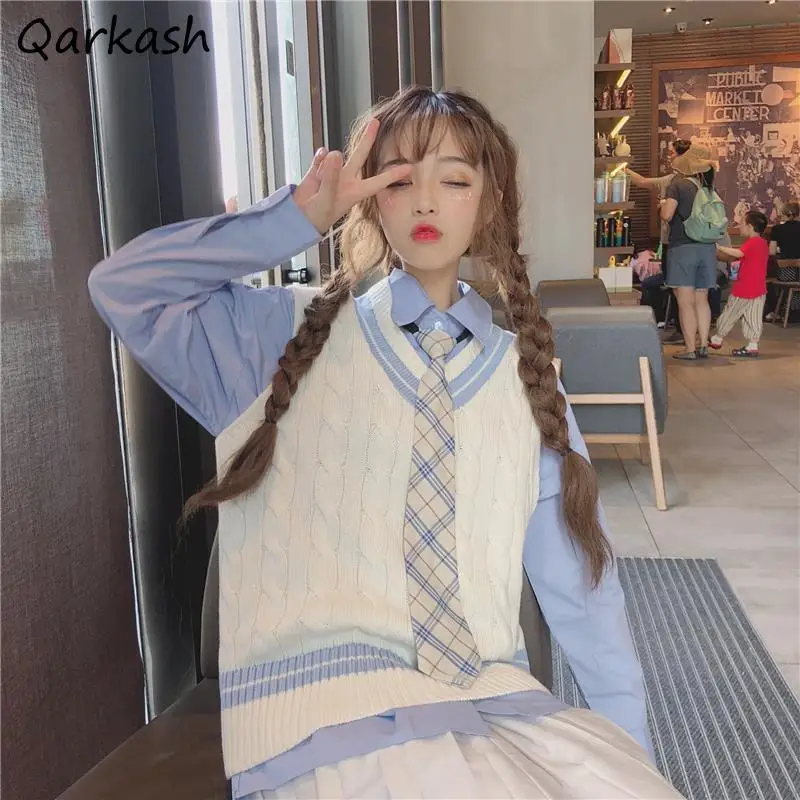 

Sweater Vest Women V-neck Patchwork Classic Spring Preppy Japan Style Cute Knitted Popular Girls Leisure Daily College Soft Ins