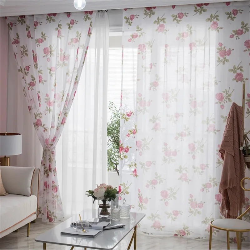 Rose Flower Sheer Window Curtains For Living Room Bedroom Kitchen Printed Tulle Voile Drapes Fabric Door