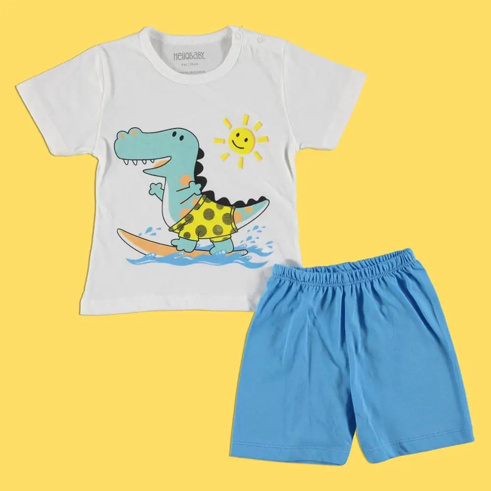 Небесно-голубой Ebebek HelloBaby/пижамный комплект с короткими рукавами и круглым вырезом; Летняя Повседневная хлопковая одежда с короткими рукавами и принтом; повседневная одежда для малышей; шорты - Цвет: Небесно-голубой