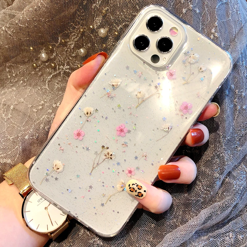 

Fashion Dry Real Flowers Transparent Phone Case For iPhone 14 Pro Max 13 12 11 XS X XR 7 8 Plus SE 2020 Soft Shockproof Cover