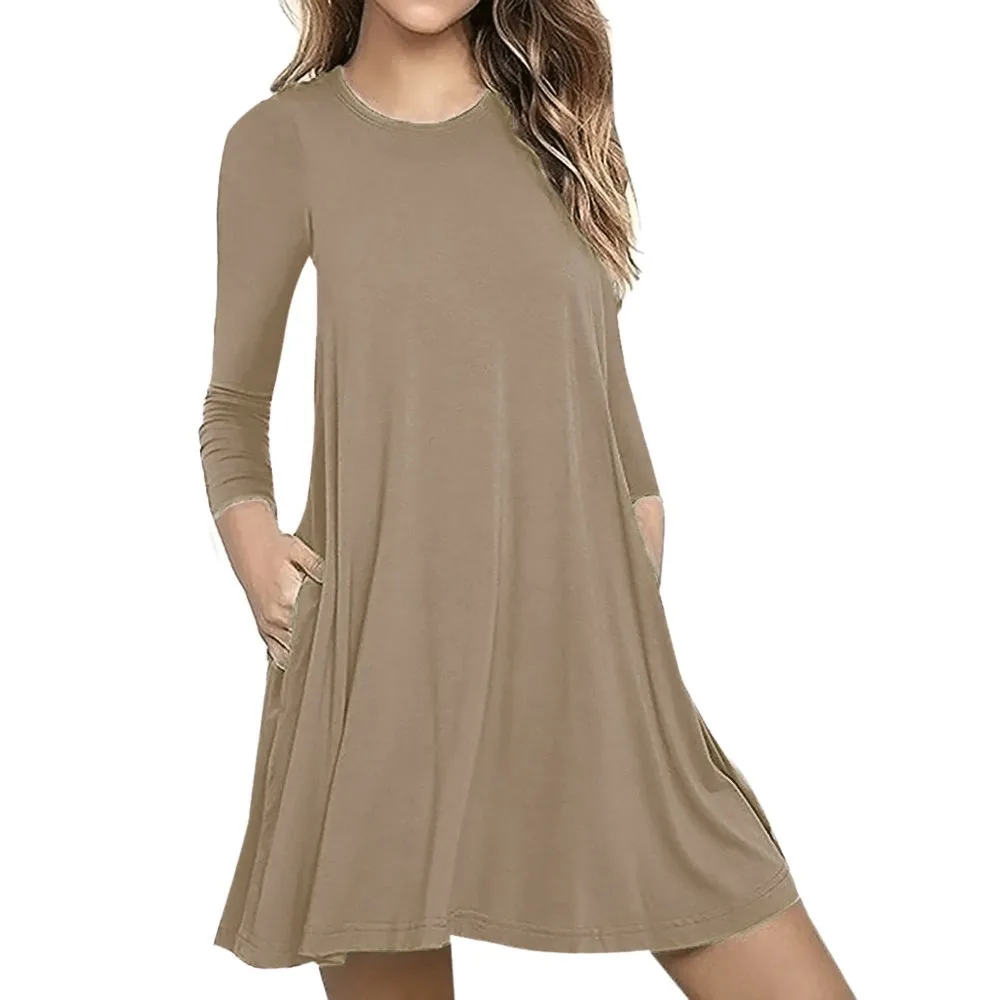 Khaki Женские однотонные повседневные платья Maxi с длинным рукавом и карманами, свободная футболка, платье, сексуальные платья, вечерние платья для ночного клуба aug 26 - Цвет: Khaki