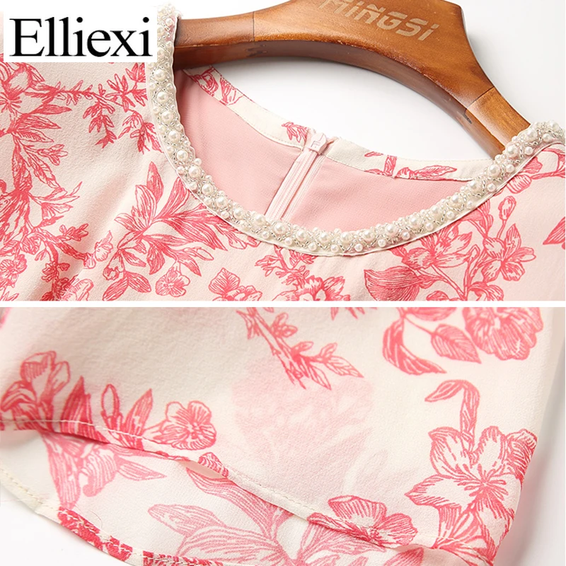 

Elliexi Drawstring Vintage Printed Dress Women Summer Short Sleeve Chiffon Pink Csaual High Waist Elegant Dress A-Line 2021 New