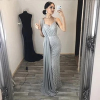 elegant silver long prom dresses straps crystals beaded tulle formal gowns with ribbon mermaid party dress vestidos de fiesta