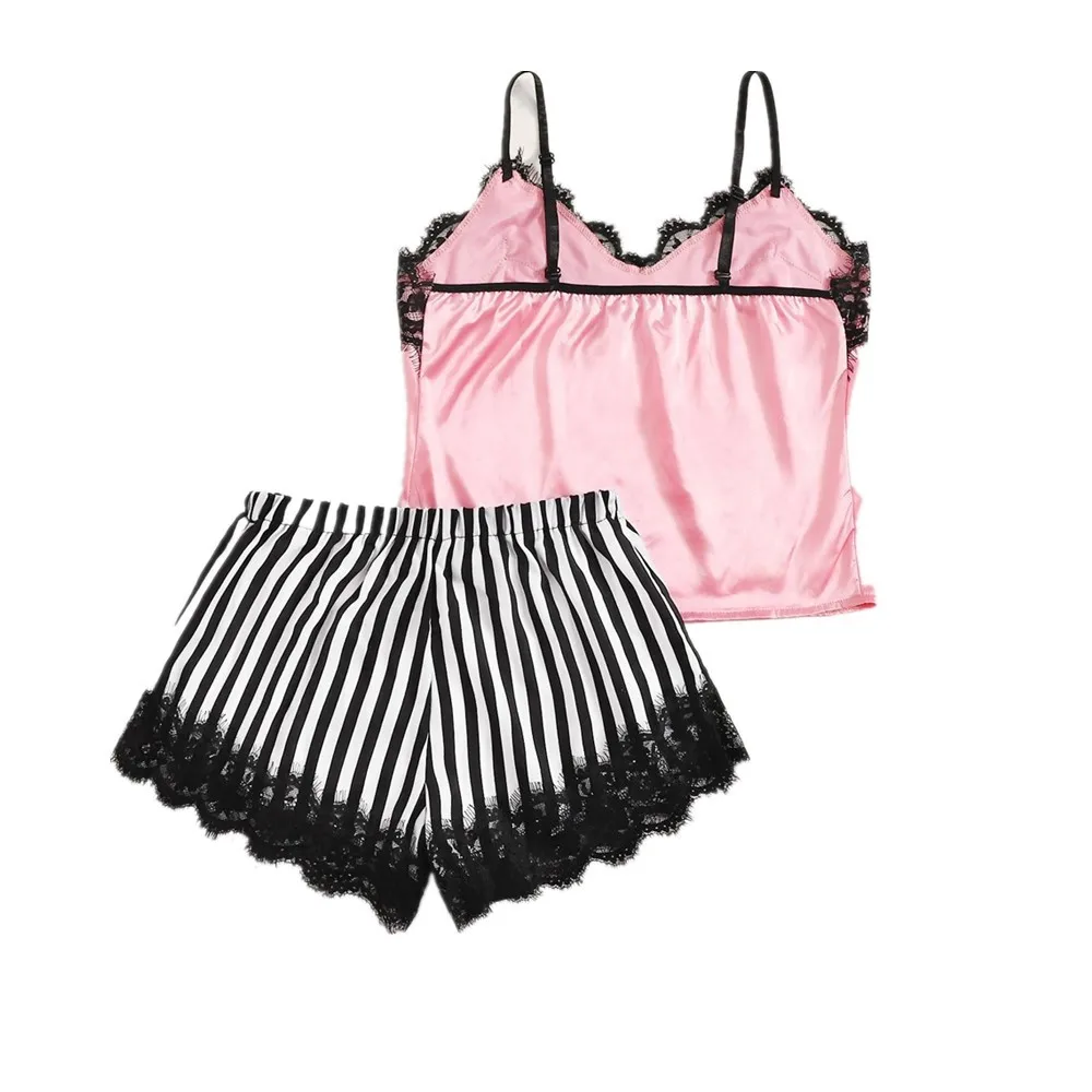 Атласный пижамный комплект для женщин пижама с V-образным вырезом кружевная