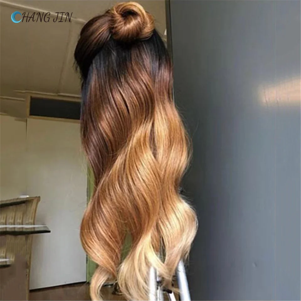 

CHAGNJIN Ombre Honey Brown Human Hair Wigs Brazilian Remy Black Blonde Long Pre Plucked Lace Perruque for Women Free Shipping