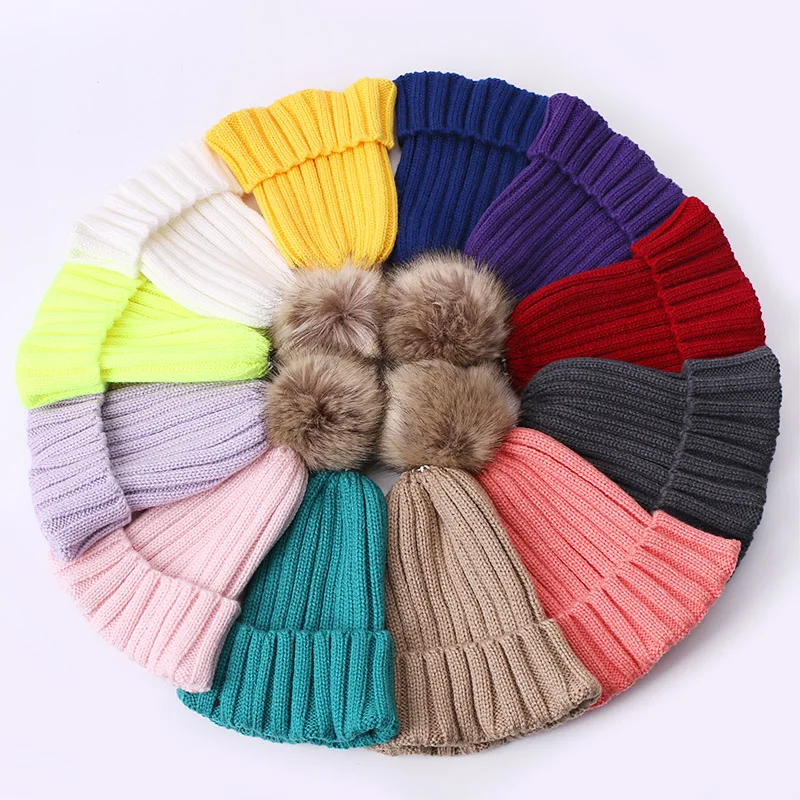 Зимняя Милая Шапка бини для мальчиков и девочек с помпоном из искусственного