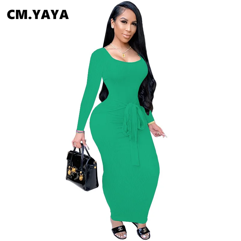 CM.YAYA Autumn Winter Knitted Women Long Sleeve Tie Up Waist Midi Maxi Dress Ribbed Open Back Streetwear Pencil Dresses | Женская одежда