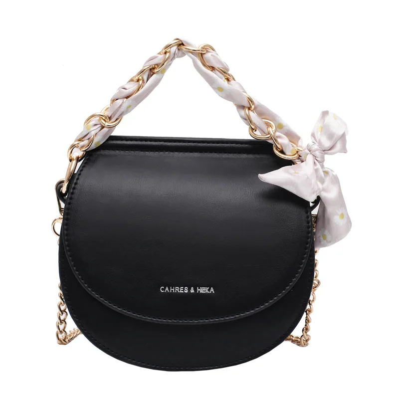 

New Korean texture small fresh silk scarf chain saddle bag foreign style contrast shoulder messenger bag