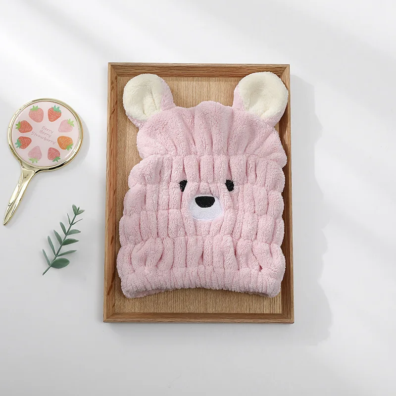 

Coral Velvet Hair Towels Cartoon Bear Dry Hair Hat Thick Turban Absorbent Quick-Drying Dry Cap