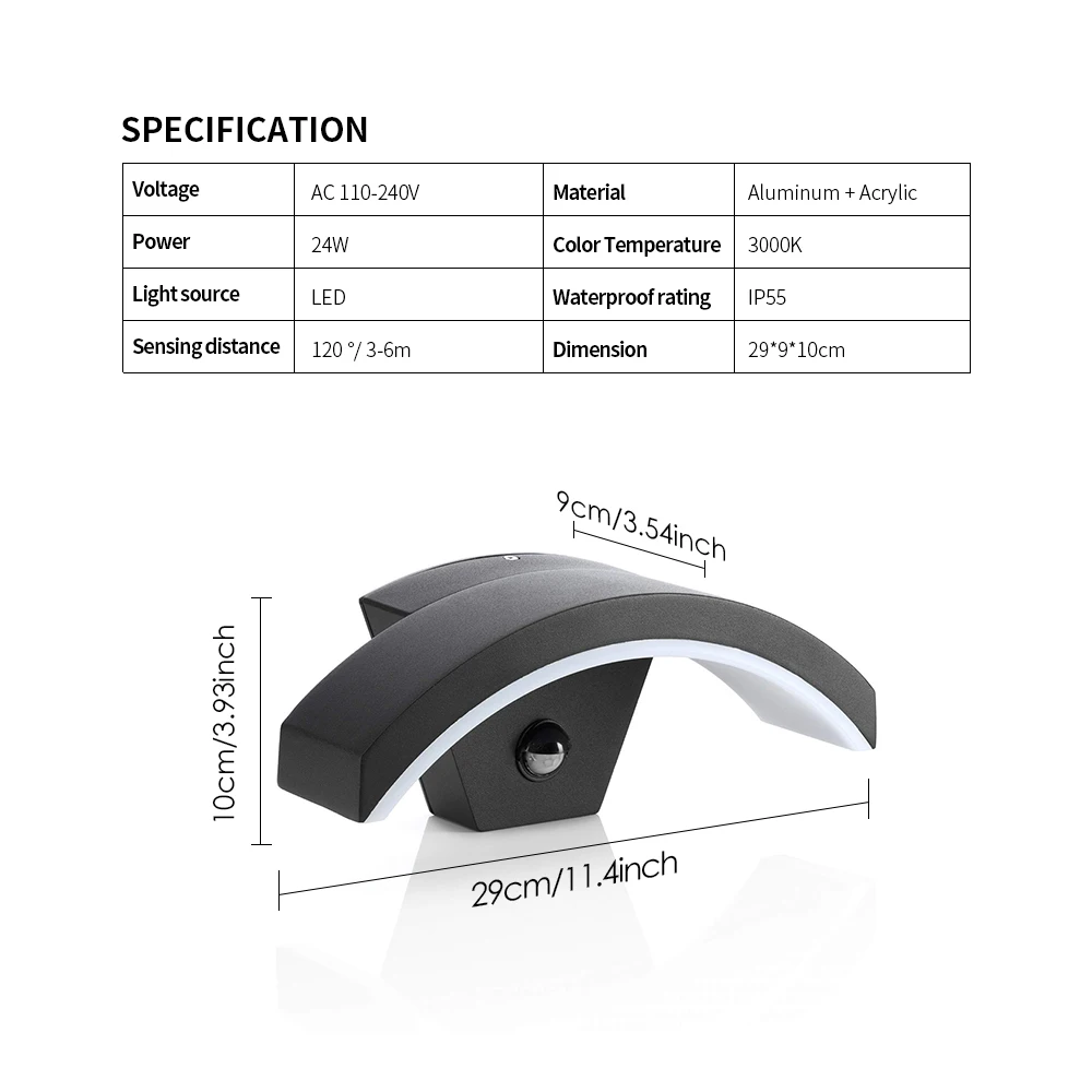 Светодиодный уличный настенный светильник 24 Вт фонарь с датчиком движения