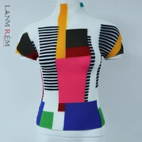 lanmrem color block patchwork short sleeve pleated t shirt for women 2022 summer new turtleneck slim trend elastic tops yj772