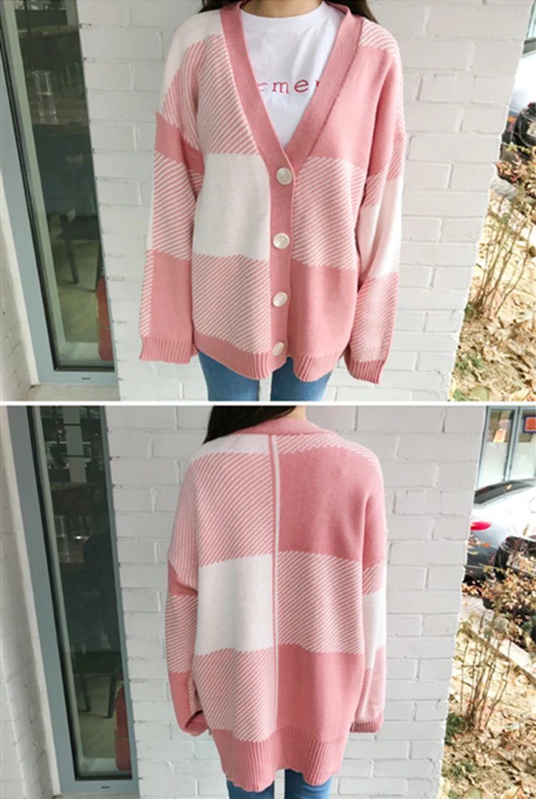 

Trendy Women's Single Breasted Sweaters Autumn Winter Korean Style Casual Plaid V-Neck Cardigans Single Breasted Pink