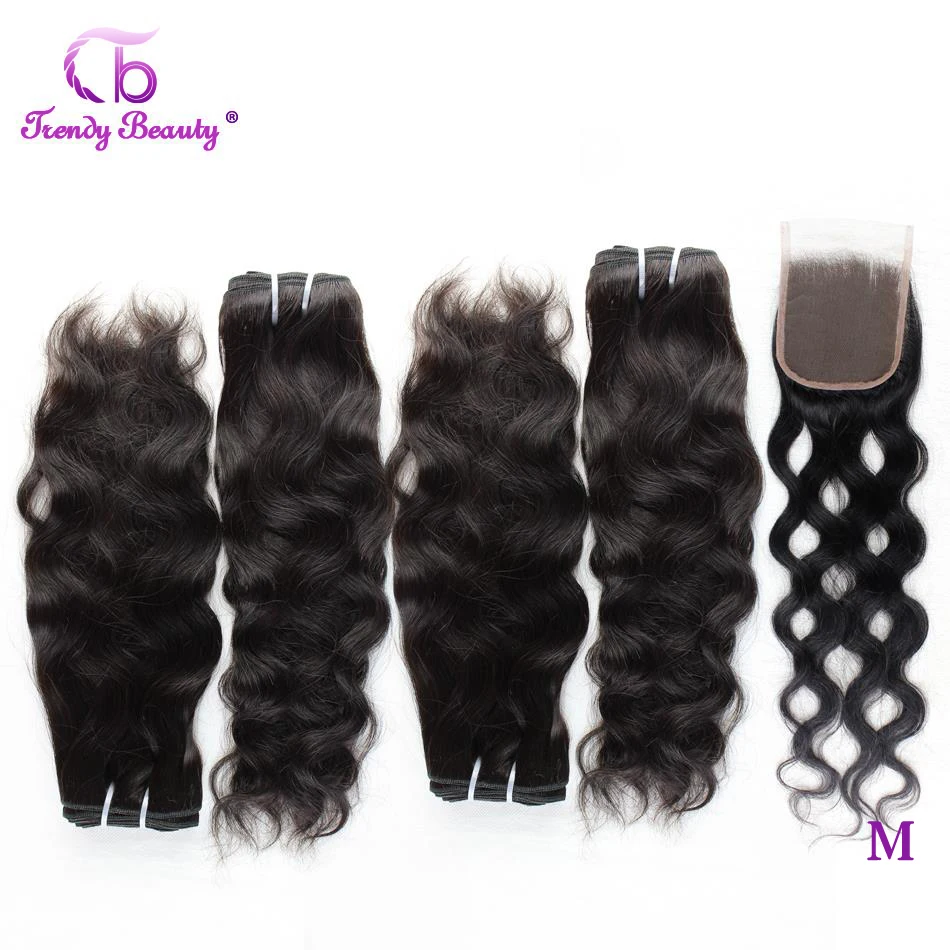 Бразильские волосы волнистые пряди с 4x4 кружева Закрытие естественная волна