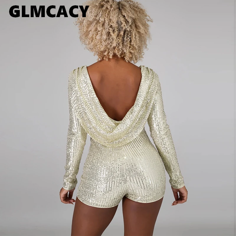 

Women Sequins Sexy Rompers V-neck Shorts Female O Neck Backless Dance Evening Party Outfits Playsuits