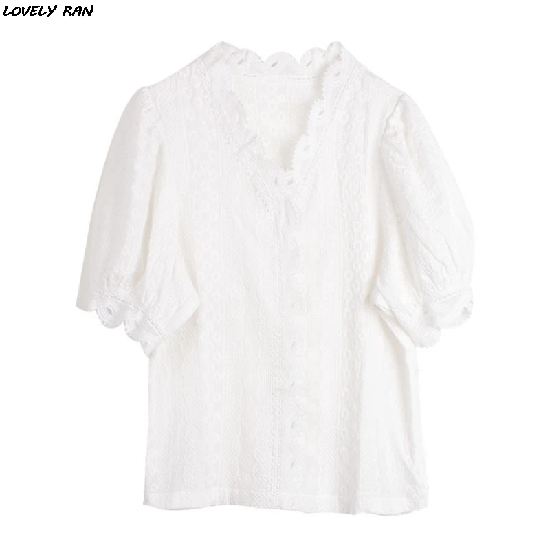 

Casual White Tops Embroidery Lace Spring Summer Femme Shirt Girls Blouse Women Short Sleeve Polyester Cotton Sweet Women Blouses