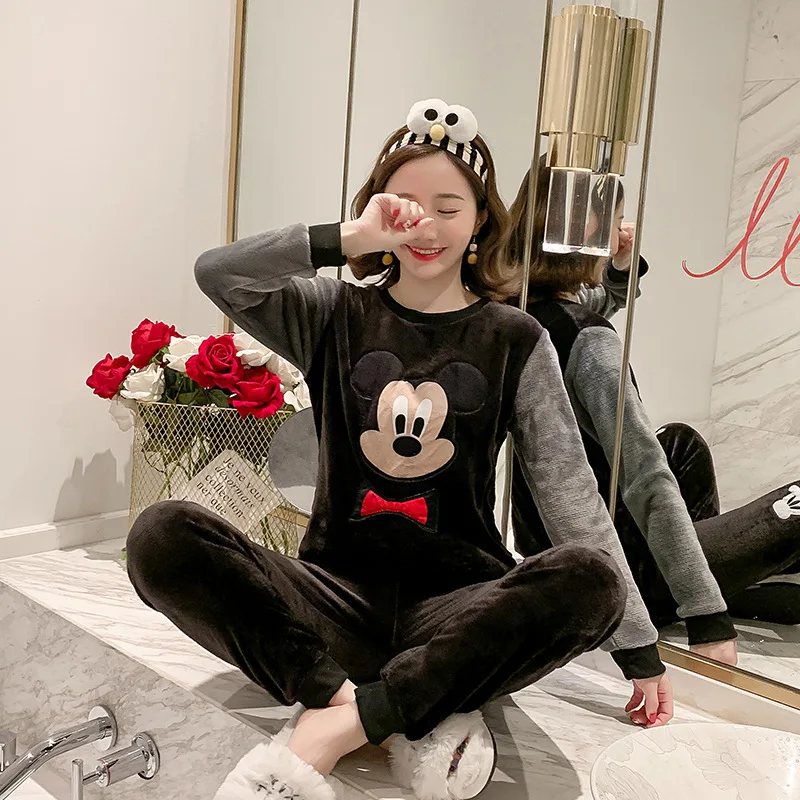 Женская Фланелевая пижама с Микки и Минни теплый пуловер длинным рукавом штаны