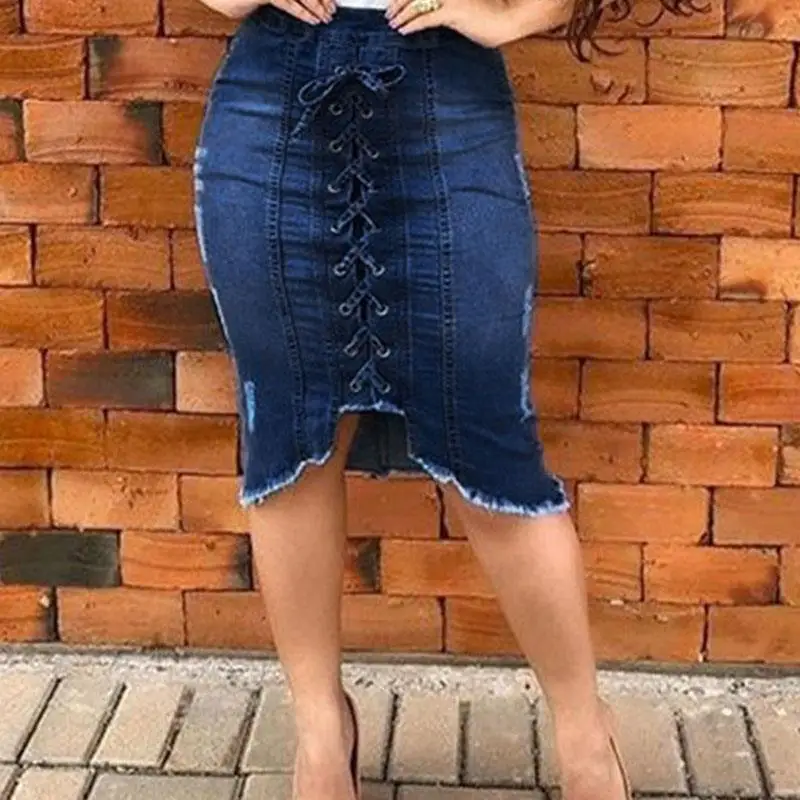 Женские джинсовые юбки карандаш с повязкой спереди модные облегающие со