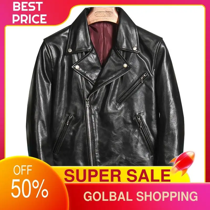 

2021 Black Motorcycle Style Slim Fit Genuine Leather Jacket Men Plus Size 4XL Real Natural Horsehide Autumn Short Biker Coat