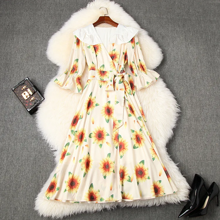 

American European women's and clothing 2021 summer new style Seven-point sleeve doll neck Sunflower print Fashionable dress