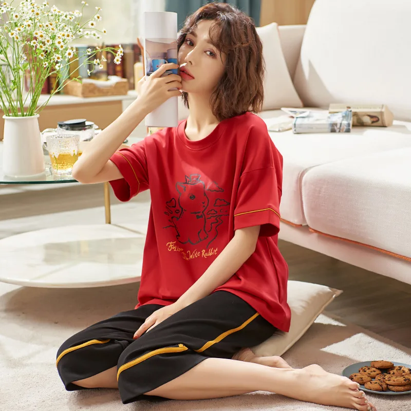 

Summer Cotton Short Sleeves Fashion Cropped Pants Fresh Lovely Thin Section Sexy Pajamas Two-Piece Suit Homewear