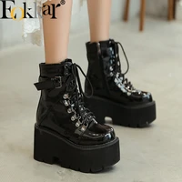 eokkar gothic platform boots black punk boots for women winter shoes chunky high heel lace up patent leather goth ankle boots