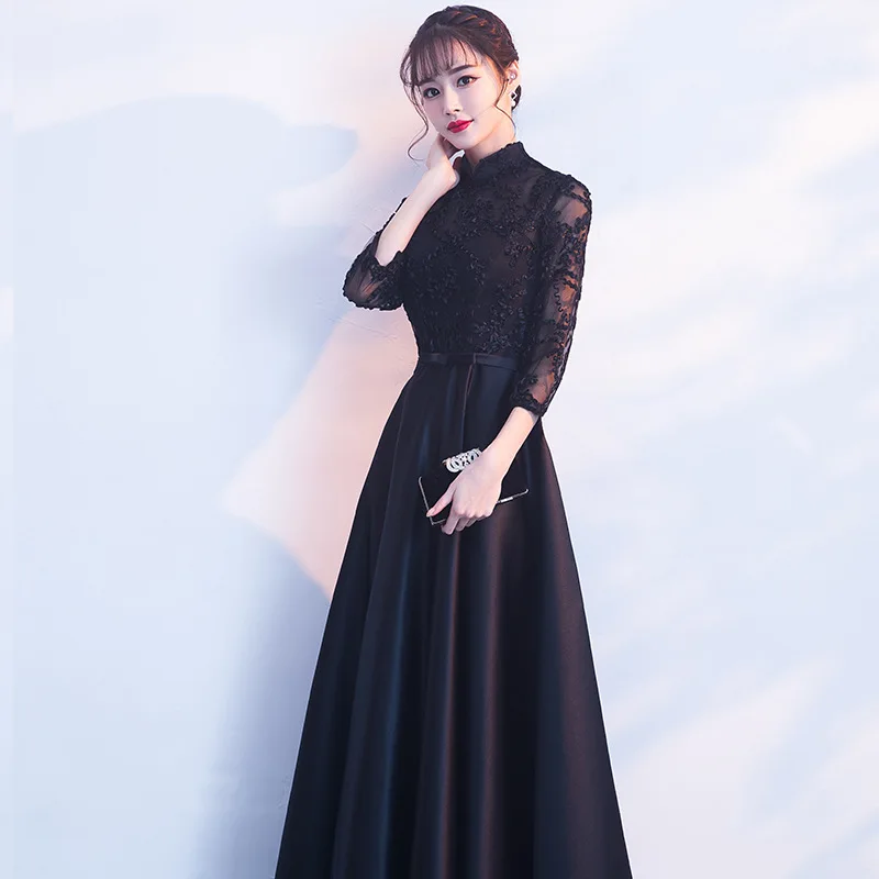 

Traditional lace Appliques Evening Dress Elegant seven quarter Sleeve Chinese Cheongsam Women Vintage Qipao Size S-3XL