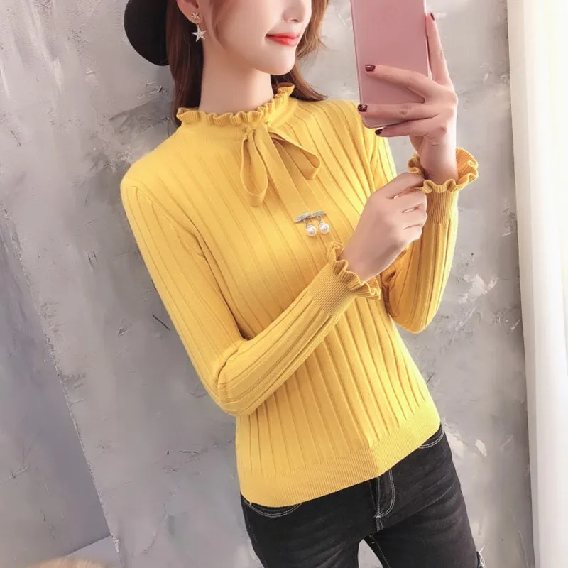 

Women Autumn Winter Solid Color Slim Sweet Sweater Lady Long-Sleeve High Collar Slim Bottoming Knit Sweaters