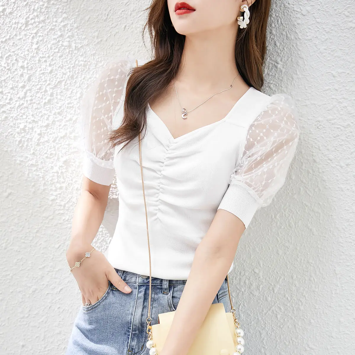 

2021 summer new fashion versatile fit stitching Knitted Top thin and trendy knitwear