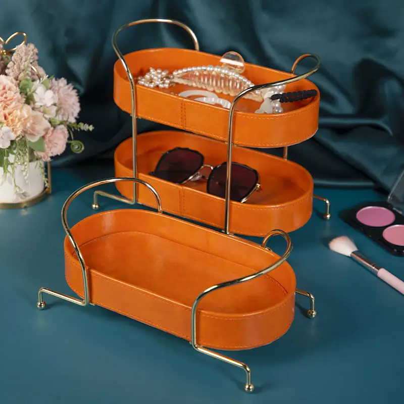 

Multi-functional sundry jewelry storage at the door of leather tray Multi-layer cosmetic storage shelf for desktop box