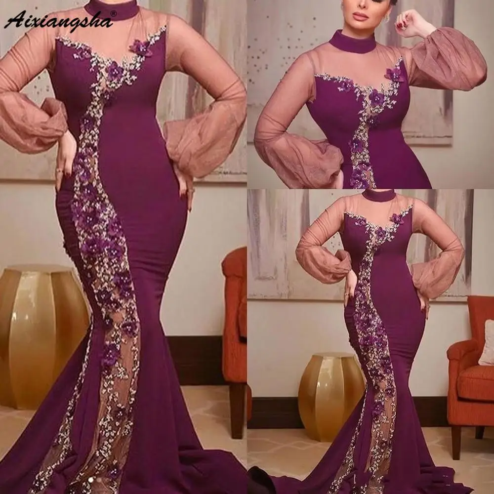 

Illusion Long Sleeve Flowers Beading Purple Formal Dress Party Dubai Saudi Arabic Muslim Mermaid Evening Dress