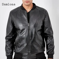 fashion 2021 faux pu leather jacket slim fits men clothing zipper up open stitch mandarin collar outerwear autumn male jackets