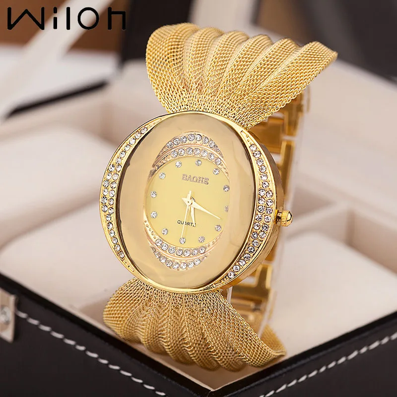 Часы наручные женские кварцевые с сетчатым ремешком модные овальные золотистые