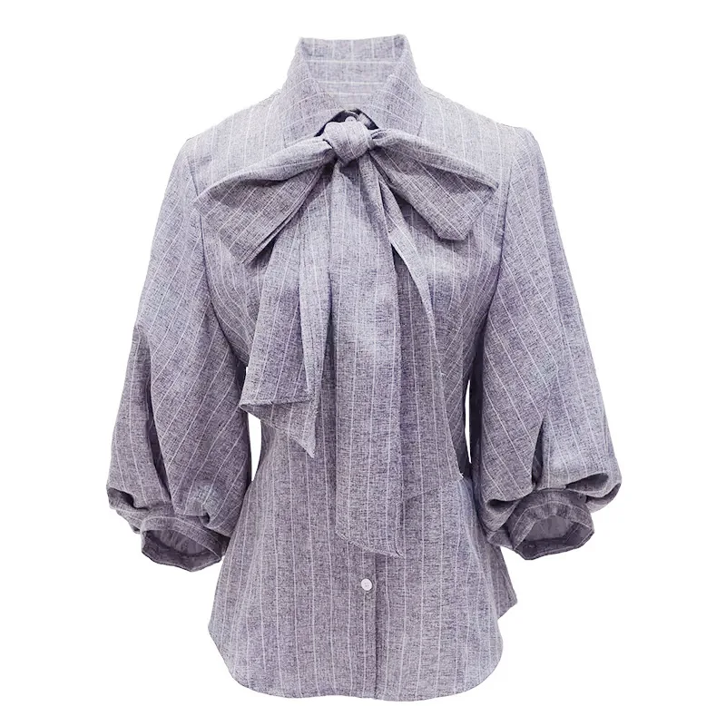 

Polyester Striped Lantern Sleeve Blouse Three Quarter Sleeve Bow Turn-down Collar Women Grey Shirts Size S M Free Shipping