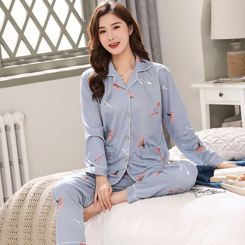 2021 New Spring / Summer 100% viscose long-sleeved trousers ladies pajamas suit simple style long pajamas women's home service
