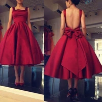 2019 cheap tea length prom dresses spaghetti backless burgundy red draped short women plus size formal occasion party prom dress