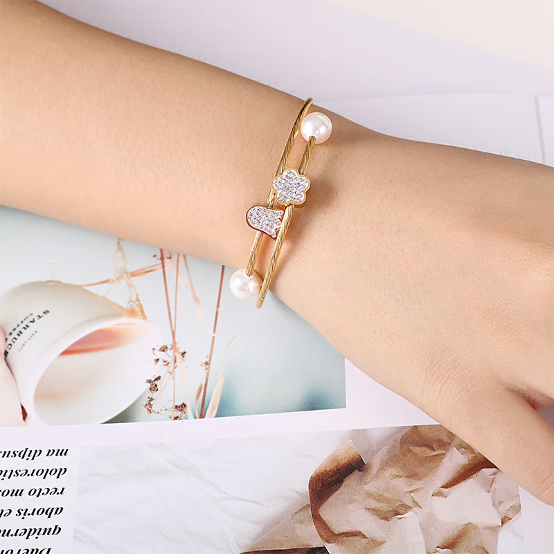 

Fashion Open Crystal Simulated-Pearl Flower Bracelets Bangle Korea Style Stainless Steel Bracelet For Women Girls Jewelry