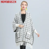 2020 oversize out wear soft faux mink winter knitted houndstooth poncho women cloak female long sleeve pocket coat vintage shawl