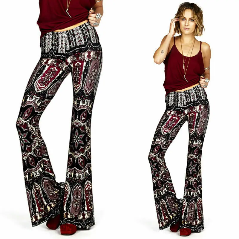 Women's Boho Hippie High Waist Printed Wide Leg Long Flared Bell Bottom Pants | Женская одежда