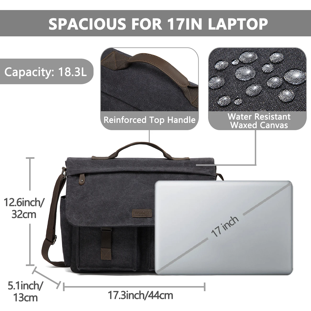 VASCHY  Messenger Bag for Men Vintage Water Resistant Waxed Canvas 17 inch Laptop Briefcase Padded Shoulder Bag for Men Women