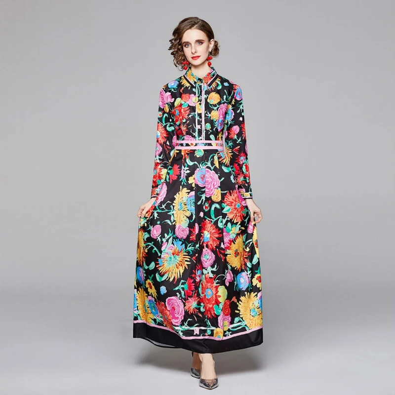 

2021 Newest Fall Summer Runway Floral Print Beach Vestidos De Fiesta Long Sleeve Robe Femme Party Casual Holiday Boho Maxi Dress