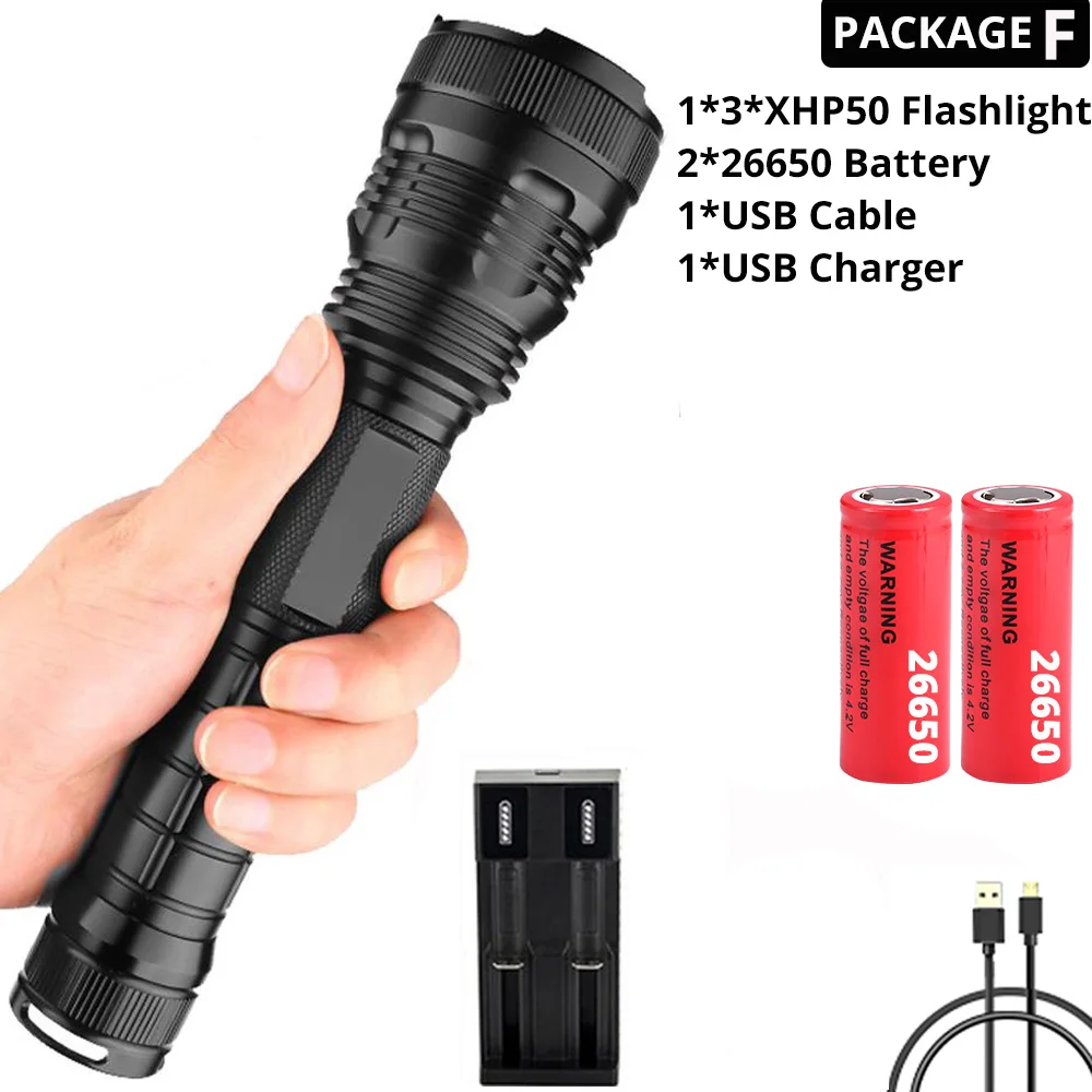 Package F-26650 Мощный светодиодный фонарик 3* XHP50 Водонепроницаемый зум Linterna светодиодный тактический фонарь питание от 18650 или 26650 батареи для наружного, кемпинга - Испускаемый цвет: Package F-26650