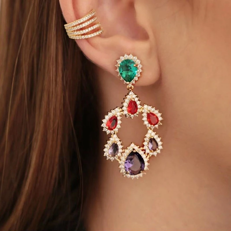 Vintage Water Drop Flower Big Dangle Earrings For Women Shiny Cubic Zirconia Stone Crystal Luxury Large Earring Wedding Jewelry | Украшения