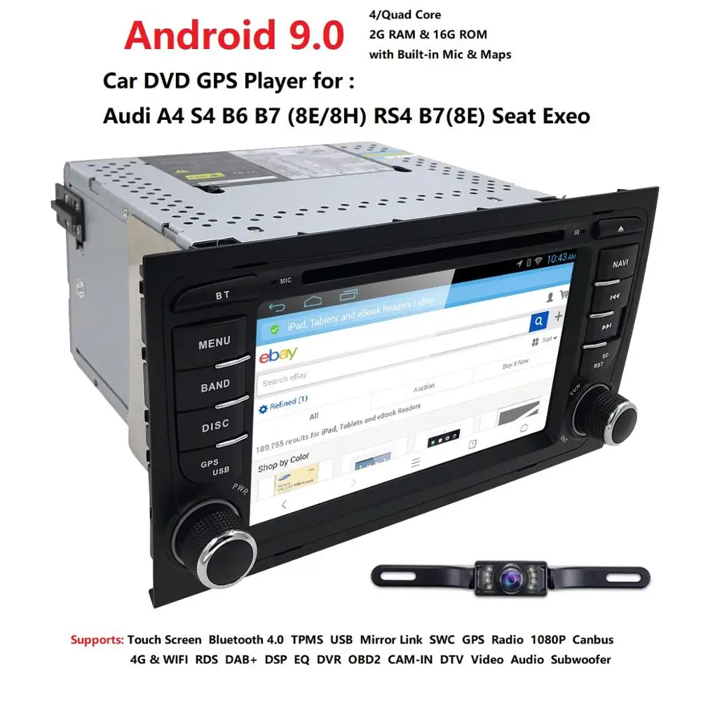 Camera1024* 600 4 ядра 2din Android 9,0 Автомобильный Dvd плеер для автомобиля Audi A4(8E/8н) 2000-2012 S4 RS4 B6 B7 сиденье Exeo gps Navi