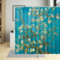 oil painting flowers apricot blossom shower curtain floral modern art decor plum blossom bath curtains bathroom decoration hooks