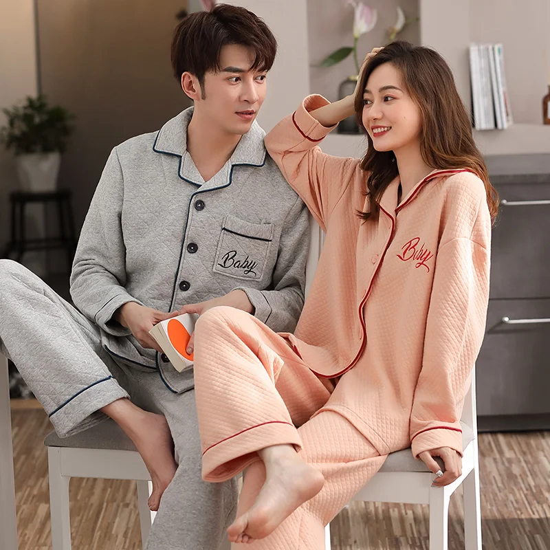 

Couples Lovers Turn-down Collar Button-Down Winter Pajamas Warm comfy Pajama A Set CKE Pure Cotton Air Cotton Interlayer pajamas